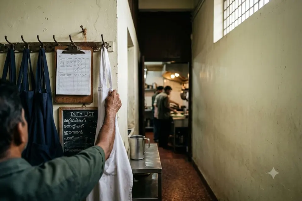 A staff corridor at opening time, aprons on hooks and a shift clipboard on a nail.