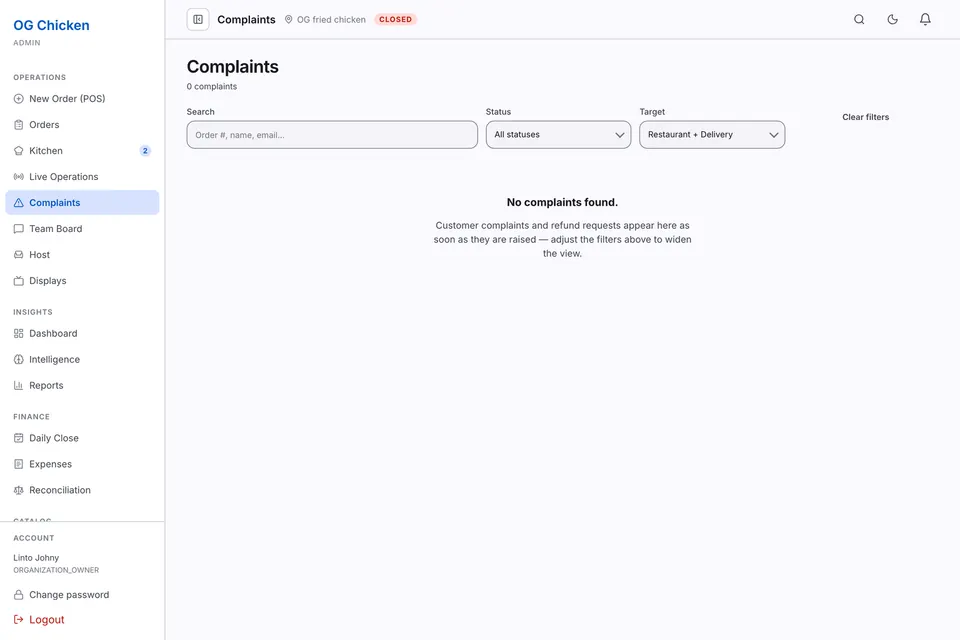 The RestoMama complaints screen reading 0 complaints, with its search, status and target filters above an empty list.