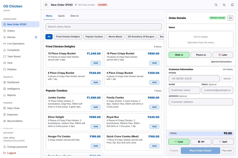 The RestoMama new-order screen: a menu grid with Add buttons beside an order panel holding an empty cart, walk-in and phone-in chips, and cash, UPI and split tenders.