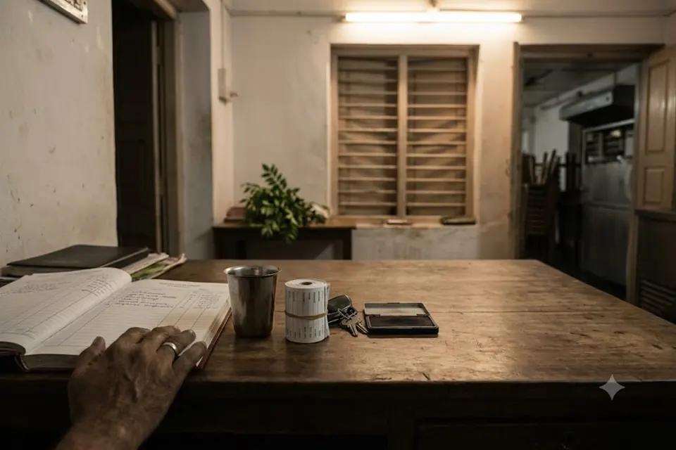 A back-office desk after closing, a spike of settled bills and a cold mug of tea beside the keyboard.
