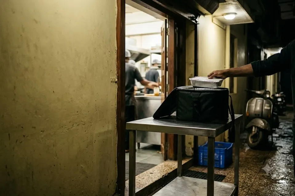 A back door at closing, an insulated bag on a steel table.