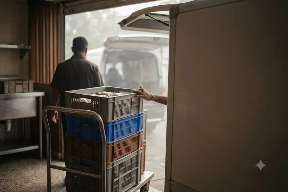Crates loaded into a van at first light.
