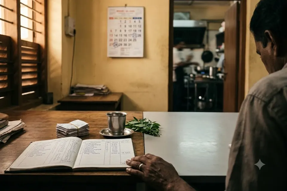 A back-office desk in a Kochi restaurant, a ledger and bundled day-close slips.