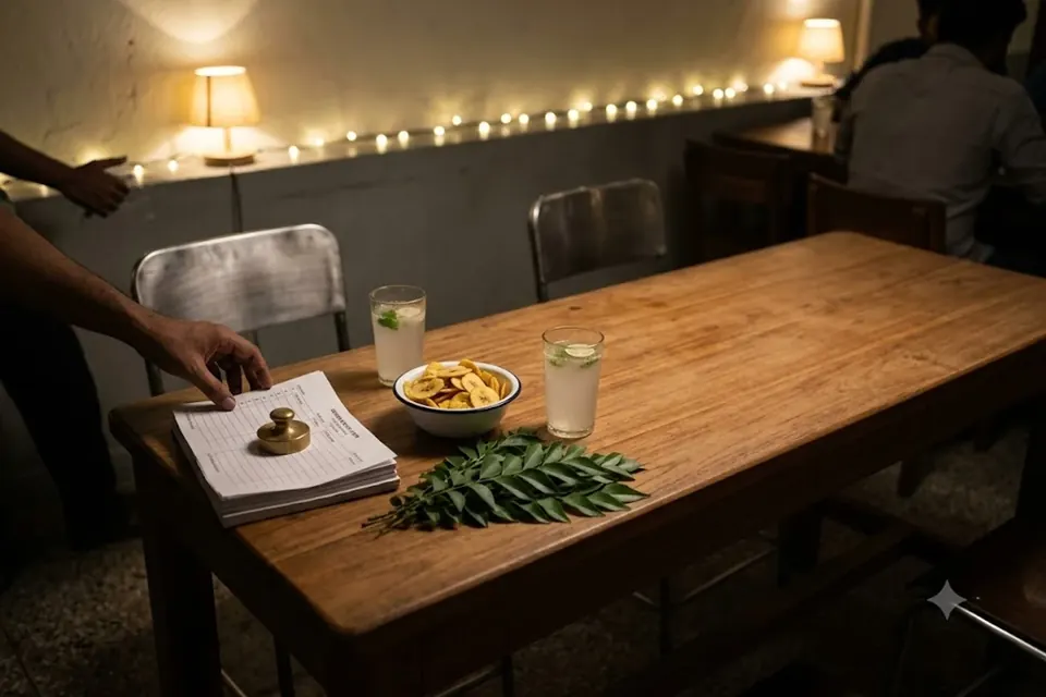 A restaurant corner set for a tournament night, paper entry slips under a brass weight.