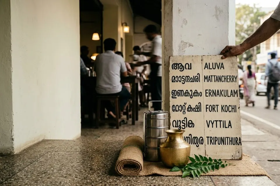 A hand-painted board of nearby town names on a restaurant veranda.