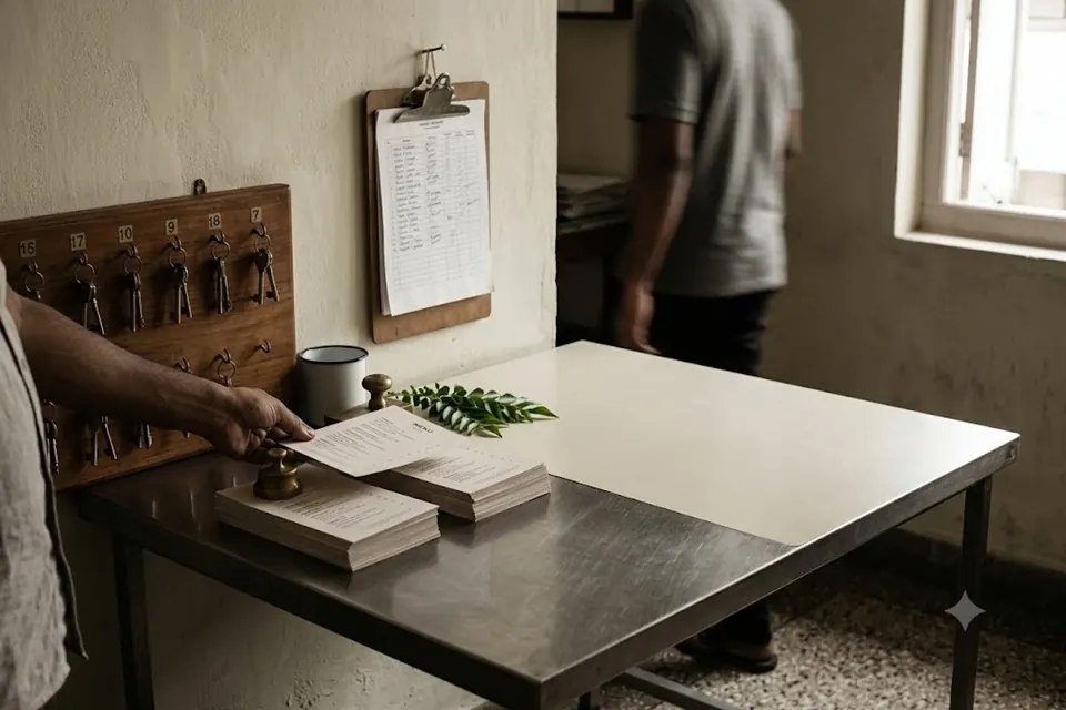 A back office off the dining room, a second branch’s roster pinned beside the desk.