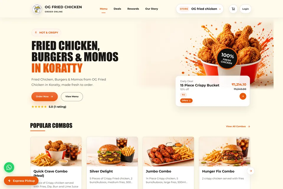 A storefront running on RestoMama, carrying the restaurant’s own name and logo, a daily deal card marked down, and a row of combo cards below it.