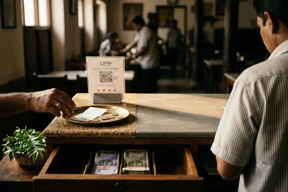 A restaurant counter at closing time, a cash drawer open and a QR card in its stand.