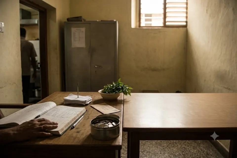 A back office desk with a duty roster and a signed muster ledger.