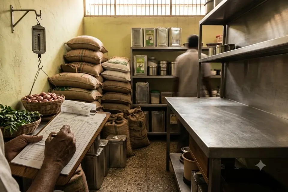 A dry store behind the kitchen, sacks of rice and a hanging balance.