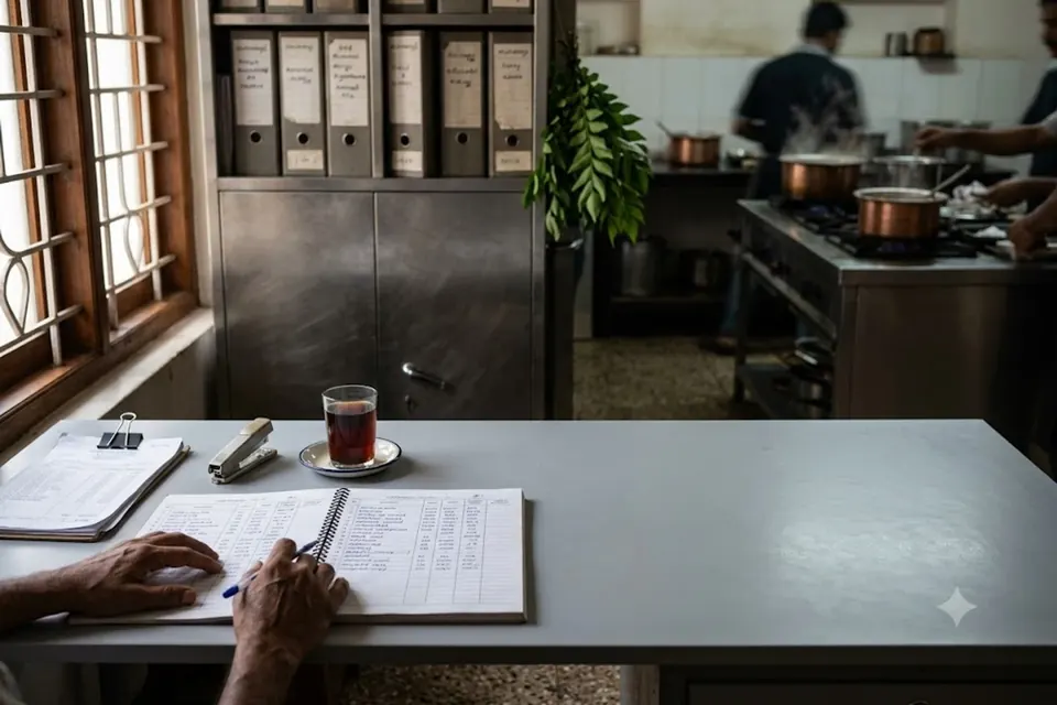 A back office desk with a ledger and a clip of month-end bills.