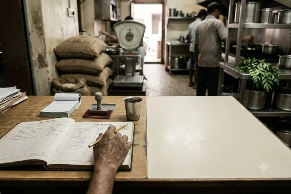 A trade order desk at the back of a kitchen, a rate register open on it.