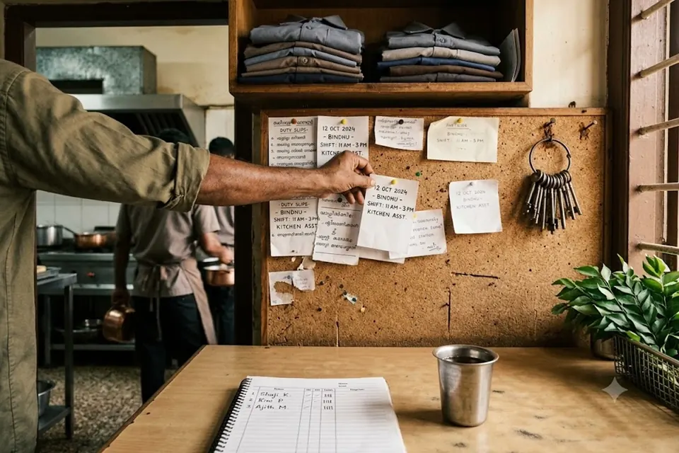 A back office behind the kitchen, duty slips pinned to a cork board.