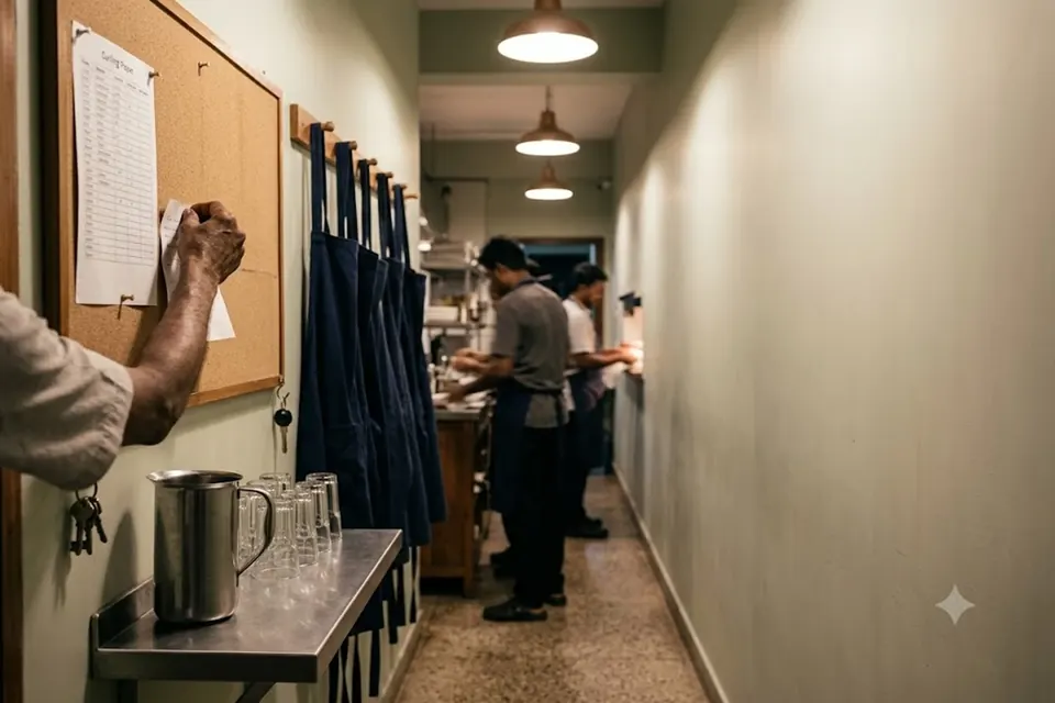 A staff corridor in a restaurant before service, aprons on their pegs and a duty roster taped to the wall.